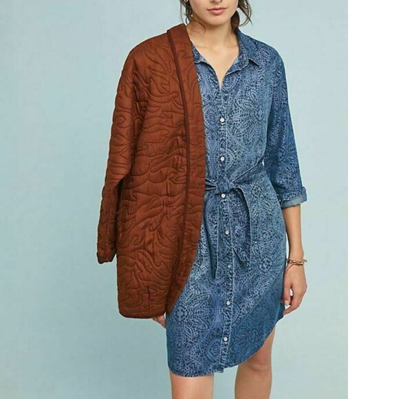 Anthropologie Shirt Dress Small Blue Belted Long Sleeve V-Neck Tencel - Picture 3 of 10